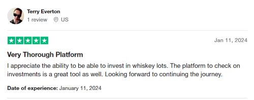 A Vinovest reviewer happy with this option for whiskey lot investing and appreciative of how they can use the platform to check on their investments.  