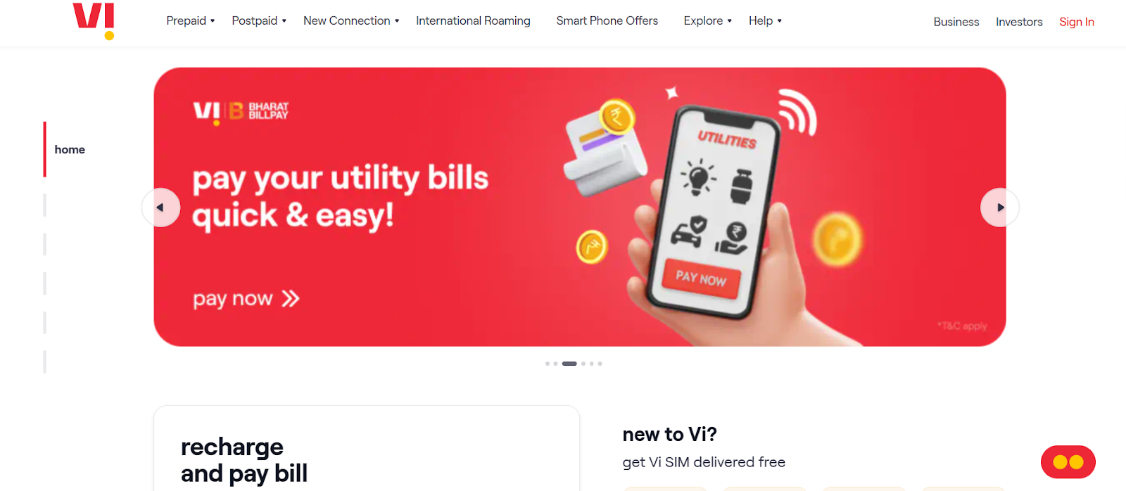 Vodafone Idea(Vi) website snapshot highlighting the services it provides.
