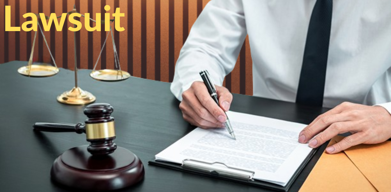 A courthouse interior with a judge's bench, legal documents, and attorneys presenting their cases. The image conveys the legal process and the atmosphere of a courtroom during a lawsuit.