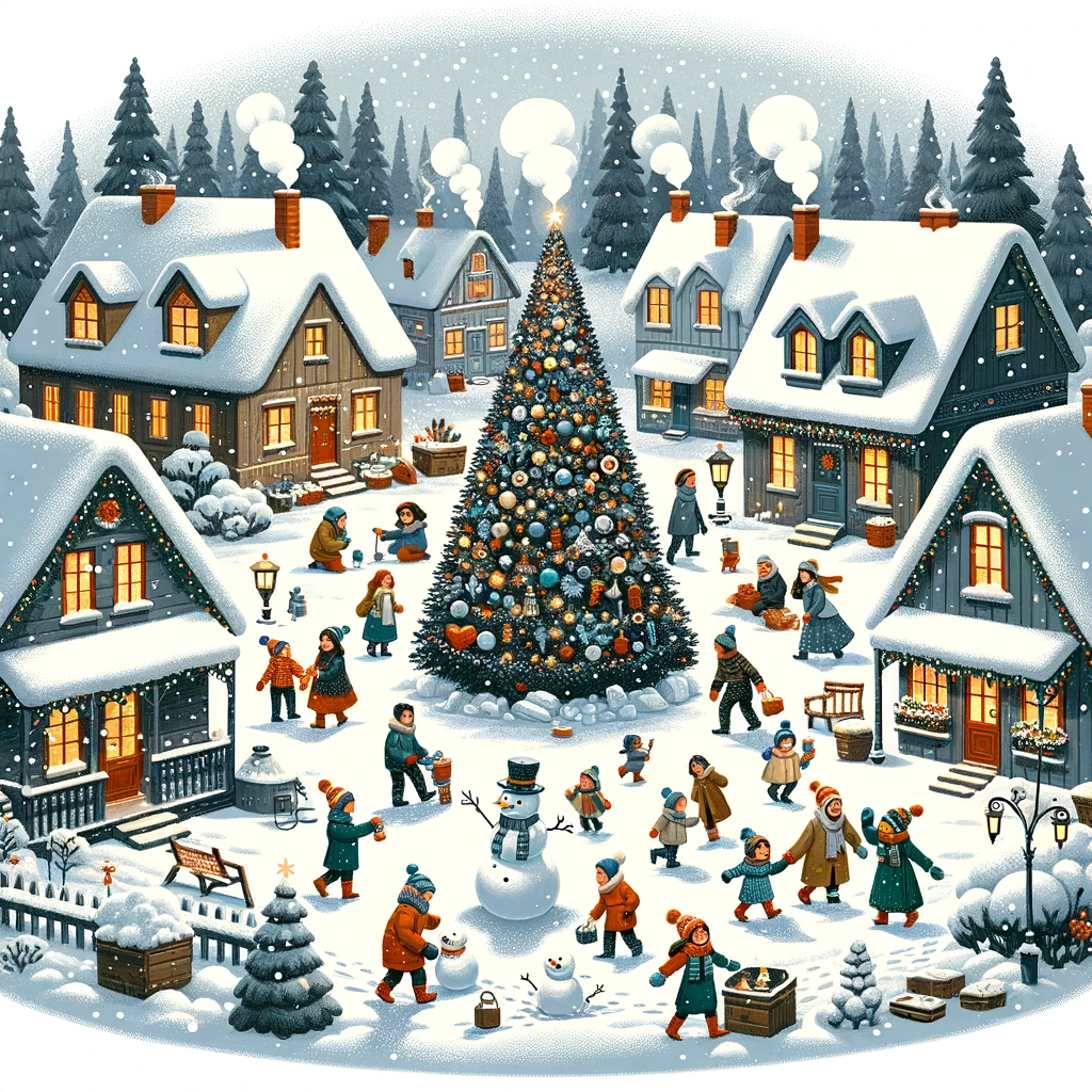 Illustration of a quaint village blanketed in fresh snow. The village consists of cozy cottages with smoke rising from their chimneys. People of diverse descent and gender are seen walking around, some building snowmen, while others are engaged in snowball fights. In the center of the village stands a large, beautifully decorated Christmas tree, its lights twinkling brightly against the snowy backdrop.
