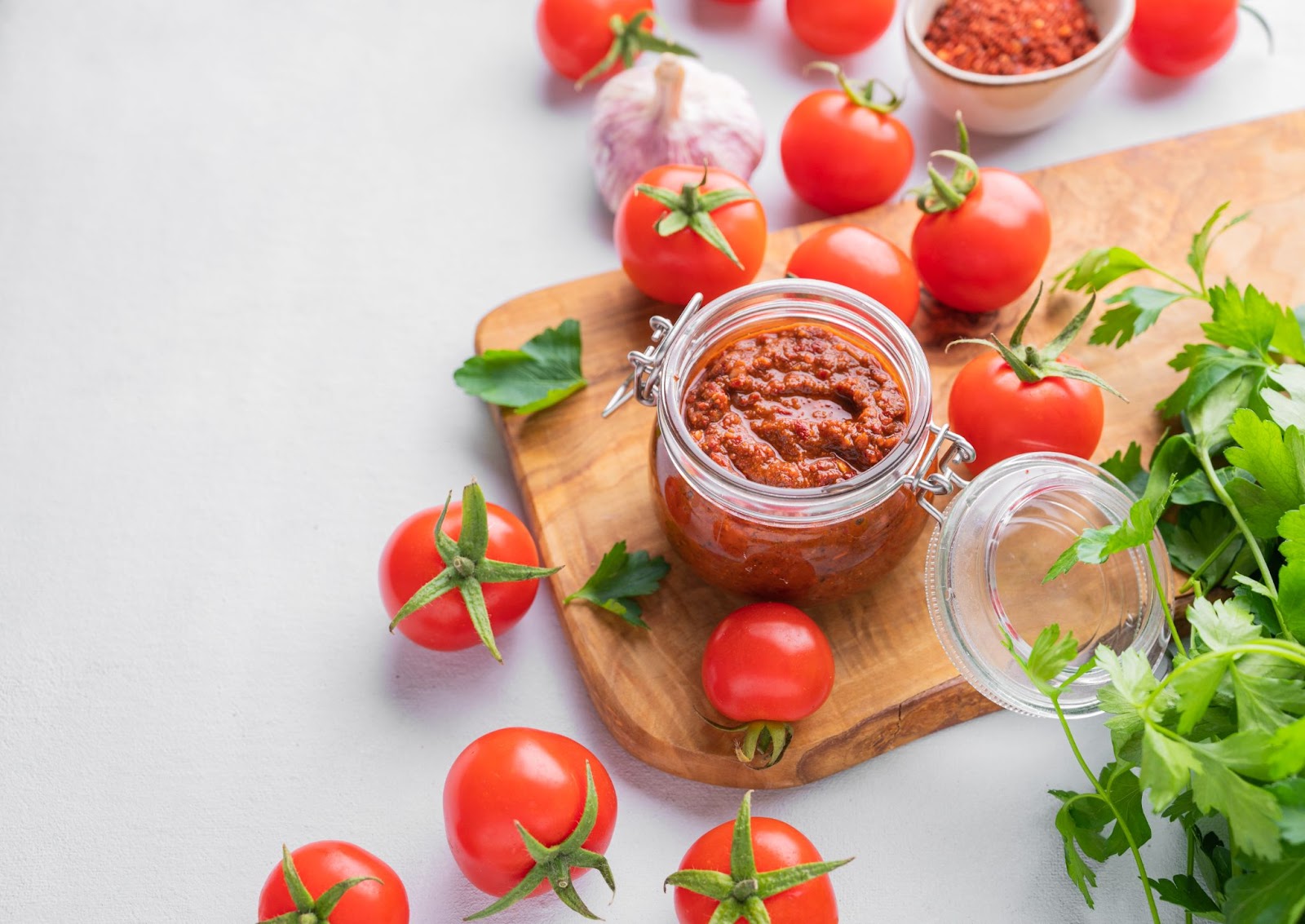 pot de sauce tomate sur plateau de présentation en bois entouré de tomates fraiche et de coriandre