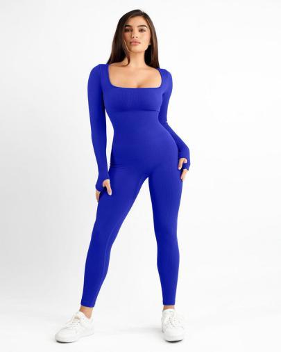 Popilush® Yoga Activewear Jumpsuit Winter Blue / XS Seamless Thumb Hole Square Neck Long Sleeve Jumpsuit