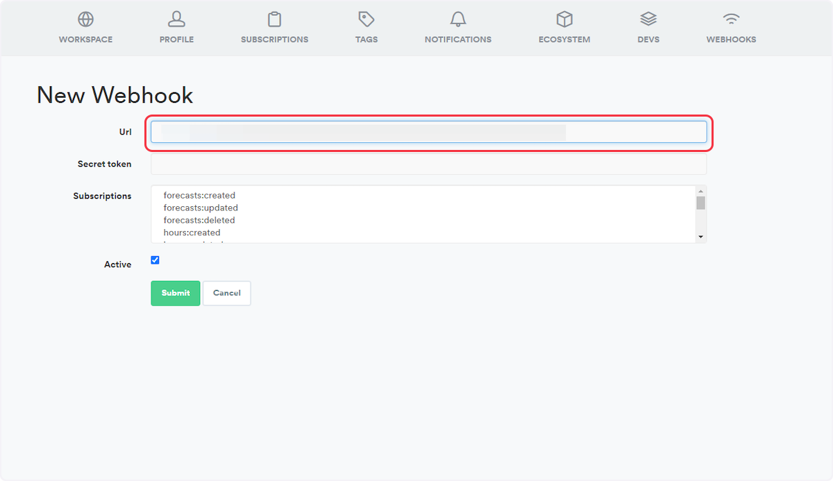 Copy the webhook URL from the trigger flyout and paste it into the "Url" field.