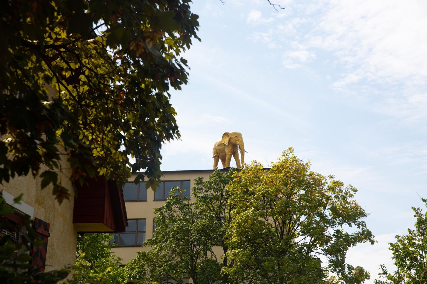 A statue of an elephant on top of a building

Description automatically generated