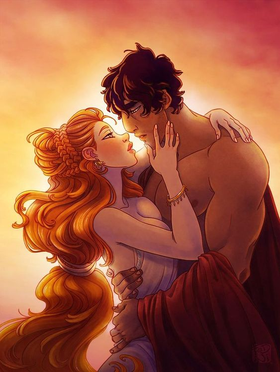 In this illustration, Aphrodite and Ares are engaged in a passionate embrace, their gazes fixated longingly upon one another.