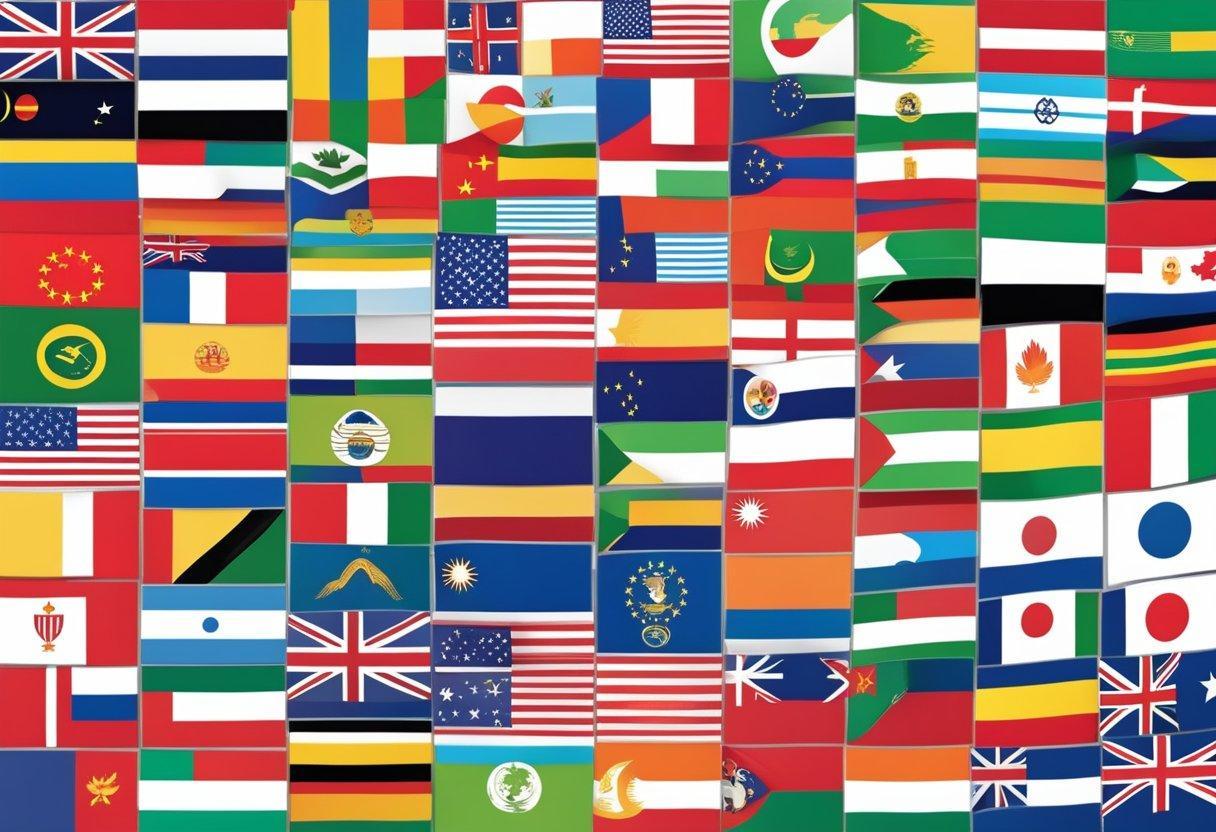 Various flags from around the world flying high, symbolizing global influence and diplomacy