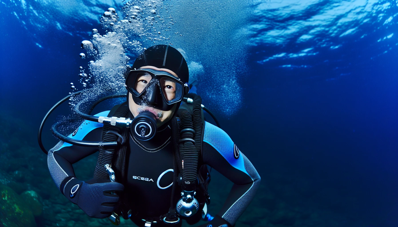 A diver wearing a high-quality scuba diving wetsuit in cold water