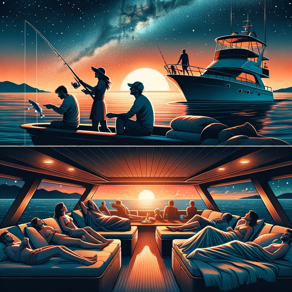 Illustrated collage of relaxing and fishing on a yacht during different times of day in Los Cabos.