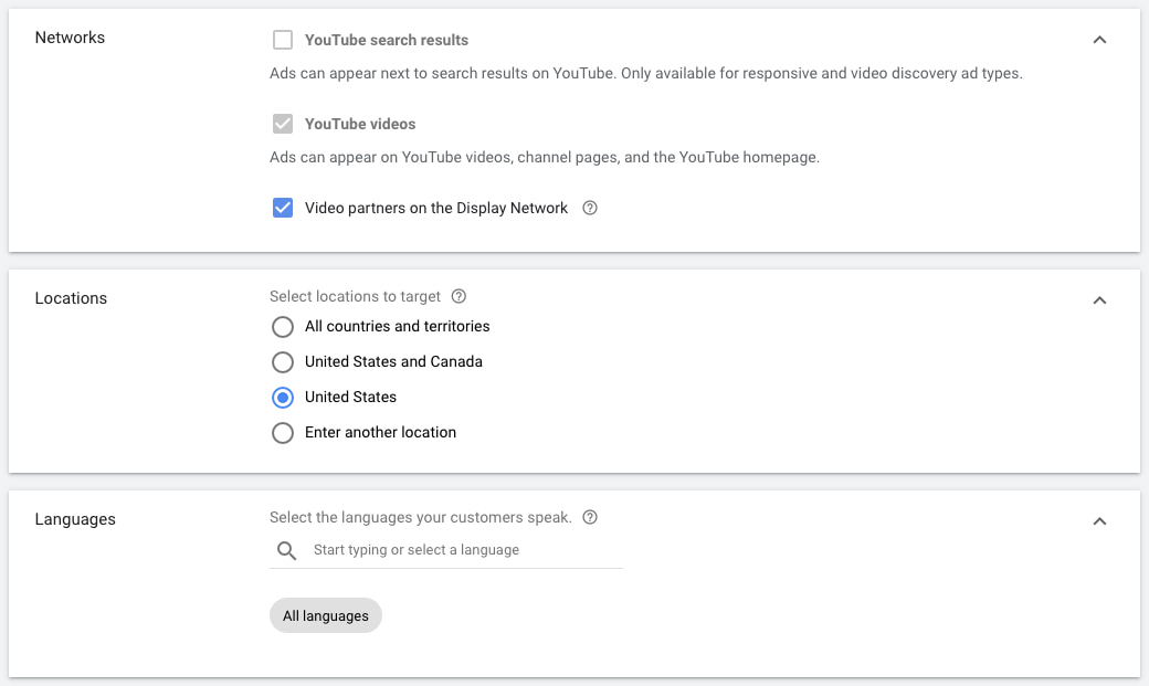 additional youtube video ad campaign settings 