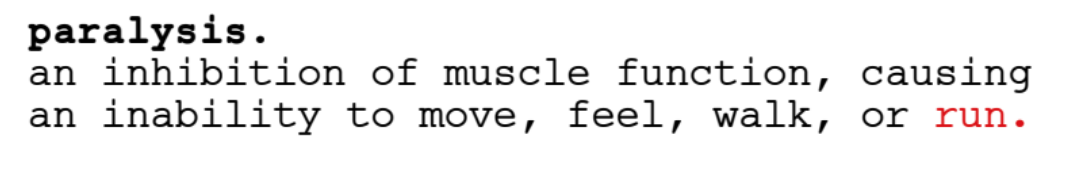Screenshot of The Act's screenplay. "Paralysis. an inhibition of muscle function, causing an inability to move, feel, walk, or run." "run" is in red text. spoooookyyy!