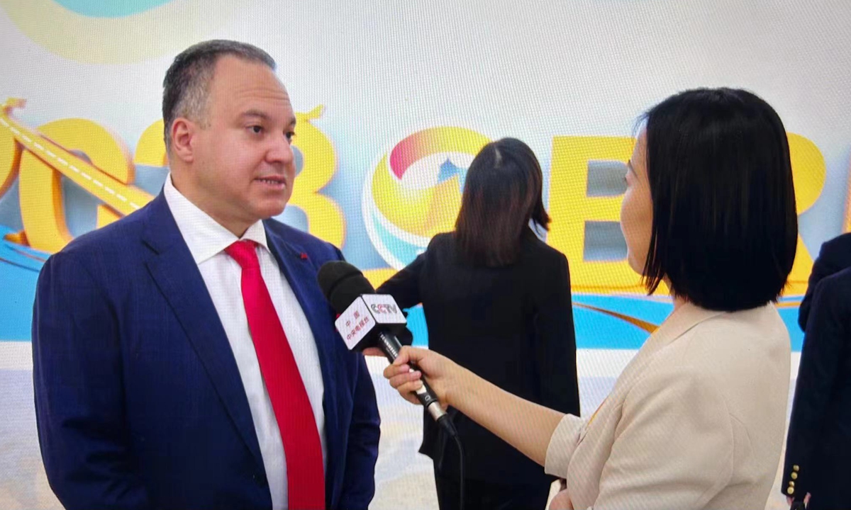 Cedrus Group Chairman Rani Jarkas is interviewed by the China Central Television at the Belt and Road CEO Conference on October 17, 2023. Photo: Courtesy of Cedrus Group 