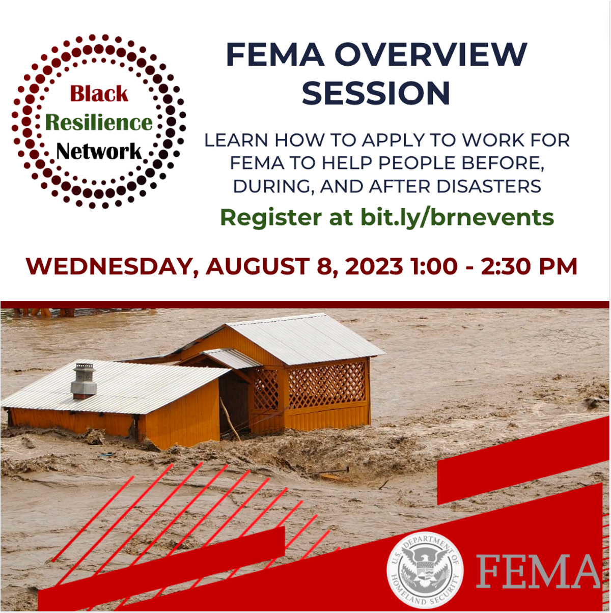 Black Resilience Network FEMA Overview Session flyer to support people in applying to jobs at FEMA