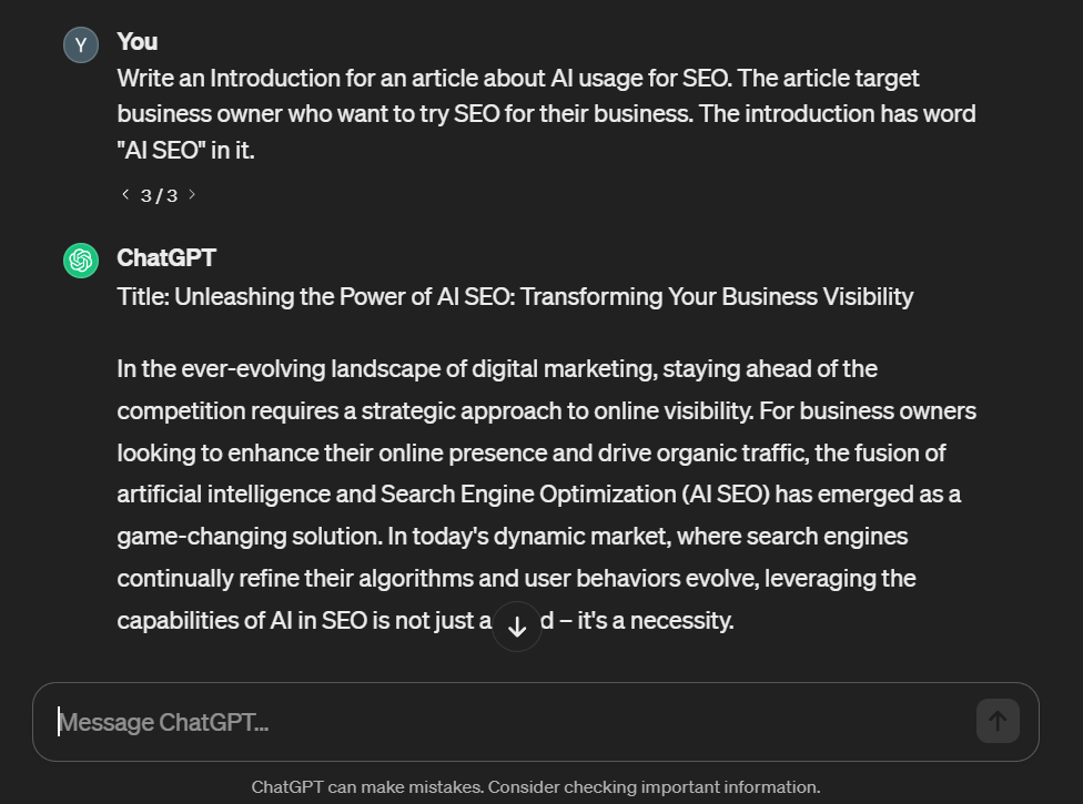 Hasil Penulisan dari Perintah penulisan artikel dengan tema "AI usage for SEO" untuk business owner dan ada kata AI SEO di dalamnya