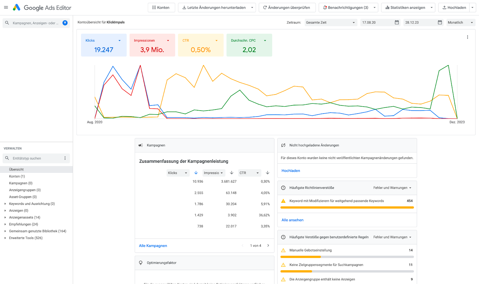 Eine Übersicht des Dashboards eines ausgewähltem Konto im Editor. Links befindet sich der Navigationsbereicht, in der Mitte die Detailansicht, ganz rechts befindet sich die Änderungshistorie.