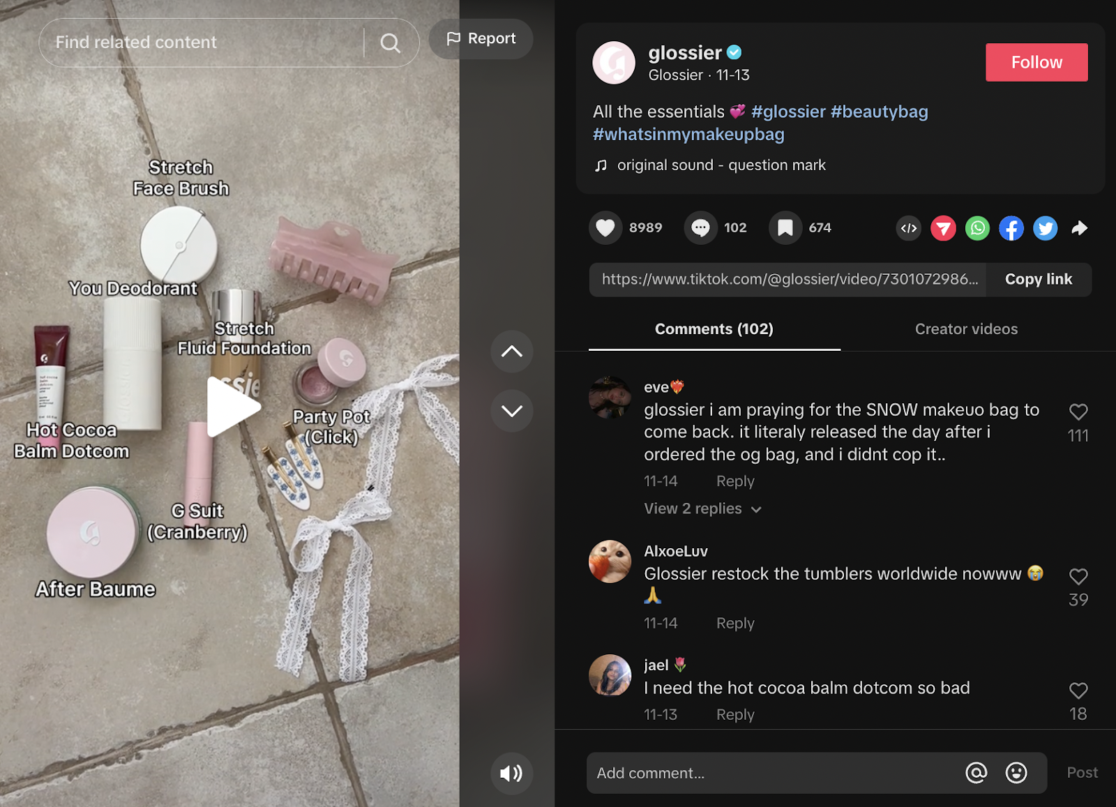 Screenshot of Glossier’s TikTok showing a mix of different content.