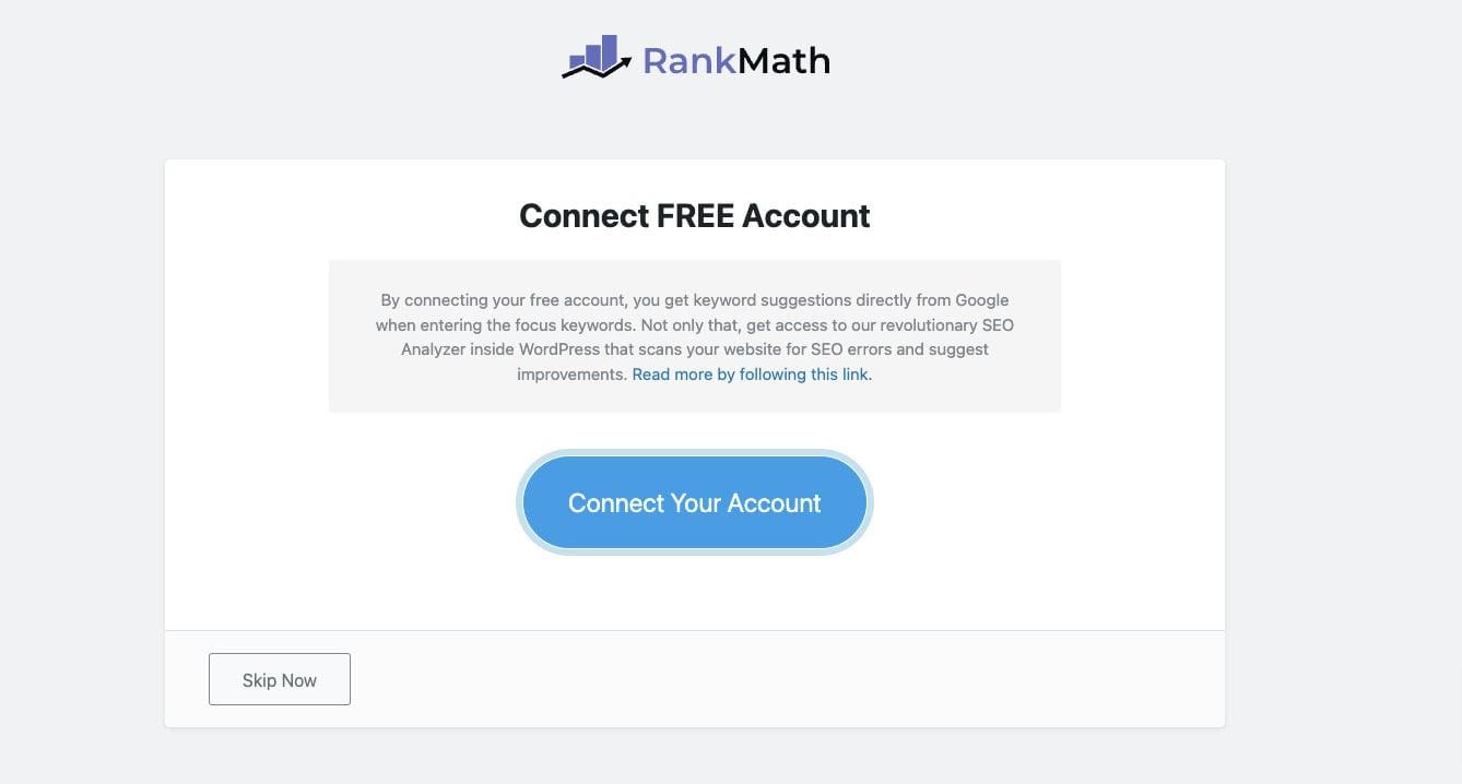 Connect your account for Setup Rank Math SEO Plugin 