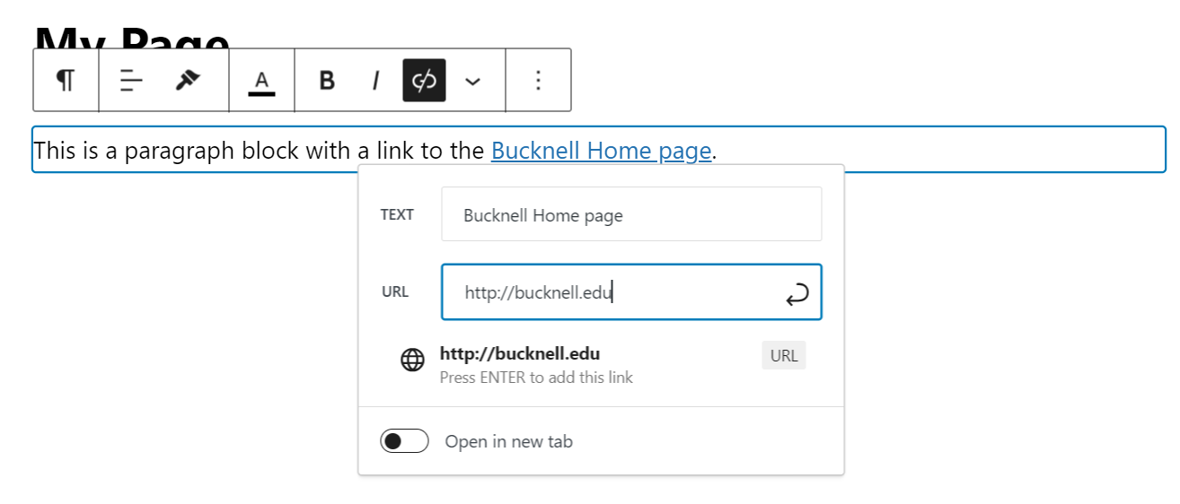 A page editor with a paragraph containing a link. The link is selected and the link editor is open, showing both a text box and a box to enter the URL.