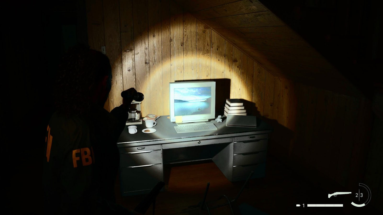 An in game screenshot of the computer in the Witchfinder's Station in Alan Wake II. 