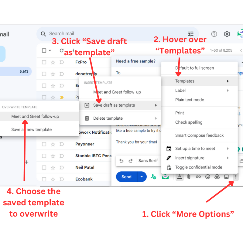 Click Save draft as template and choose the saved template to overwrite