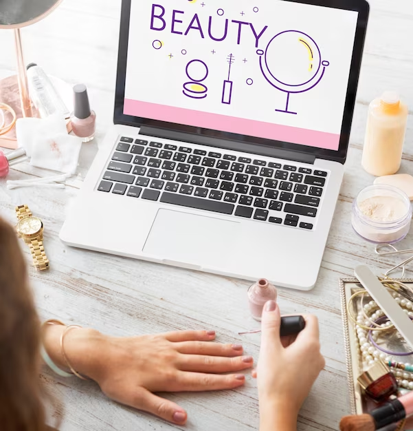 Illustration of a Beauty Graphic on a Laptop with a Girl Painting Her Nails