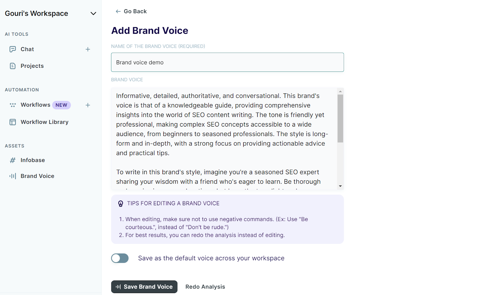 Screenshot of brand voice setting in Copy.ai AI Writing tool