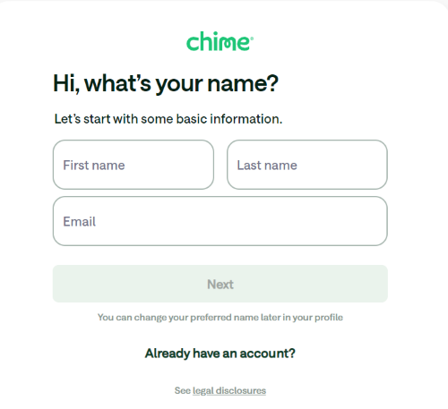 The Chime sign-up screen.