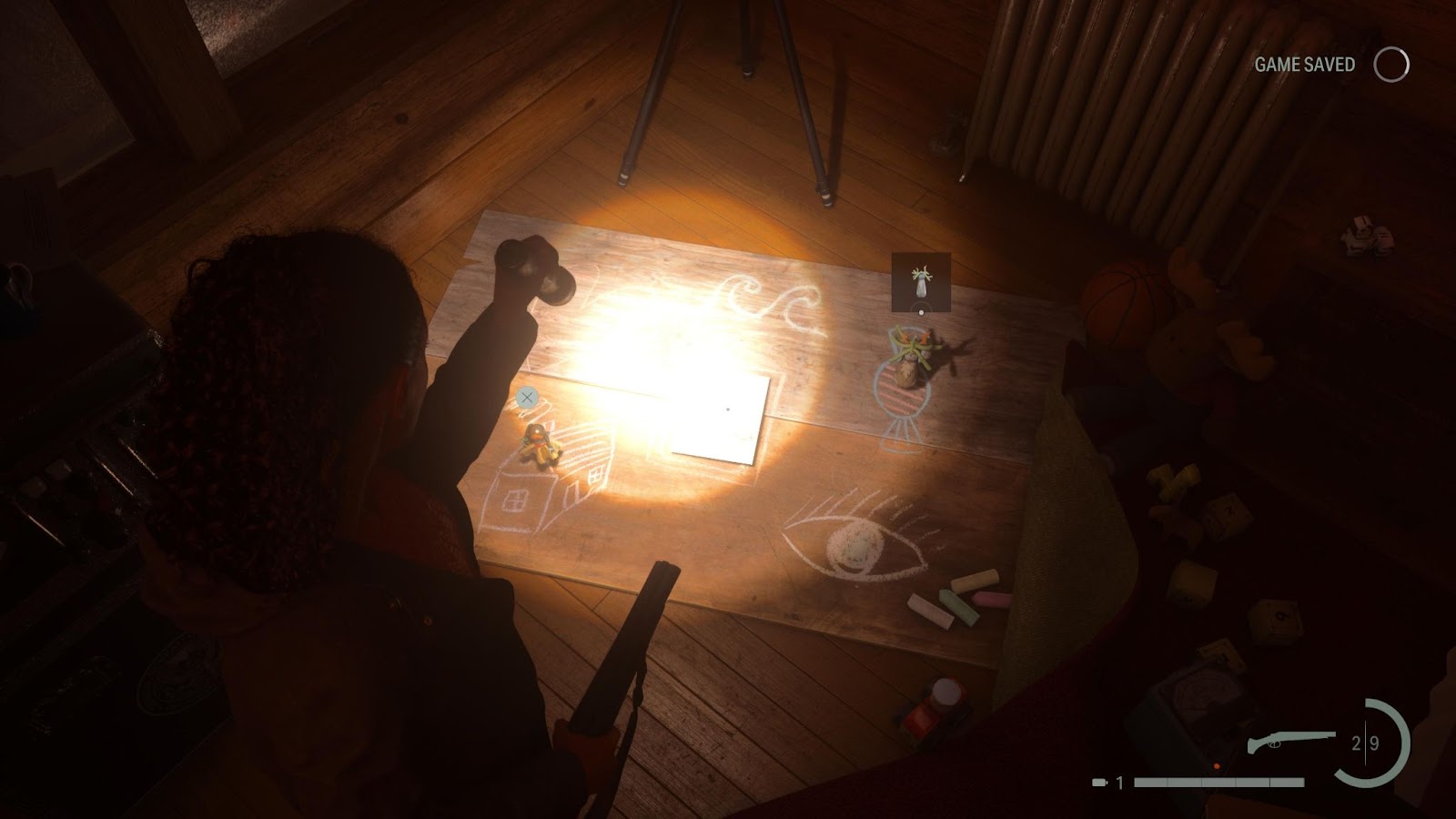 An in game screenshot of the ranger station nursery rhyme from Alan Wake 2. 