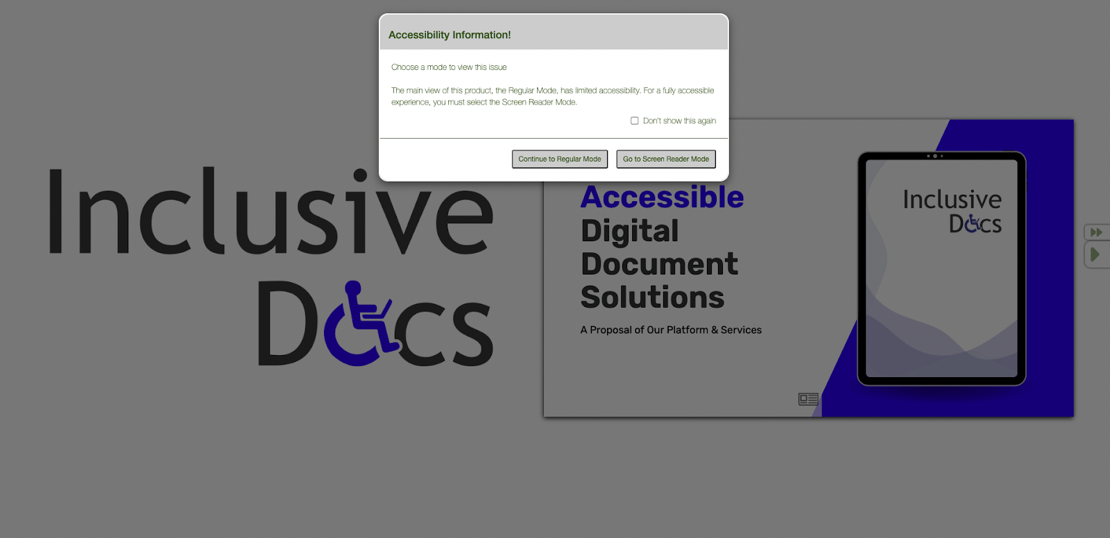 The image depicts a screen with the InclusiveDocs logo and a template displayed on a device. A pop-up window appears on the screen, providing accessibility information to the user. The user can choose between two modes to view the content - regular mode or screen reader mode. Additionally, there is an option to check the popup so that it doesn't appear the next time the user chooses a mode.