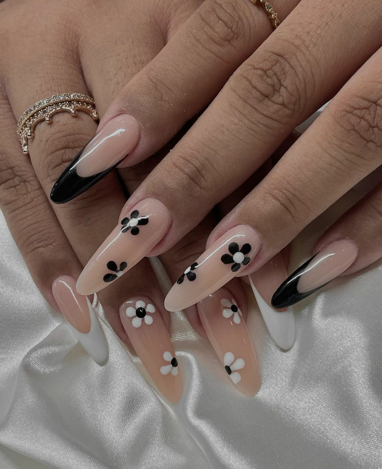 cute and trendy black acrylic nails with white
