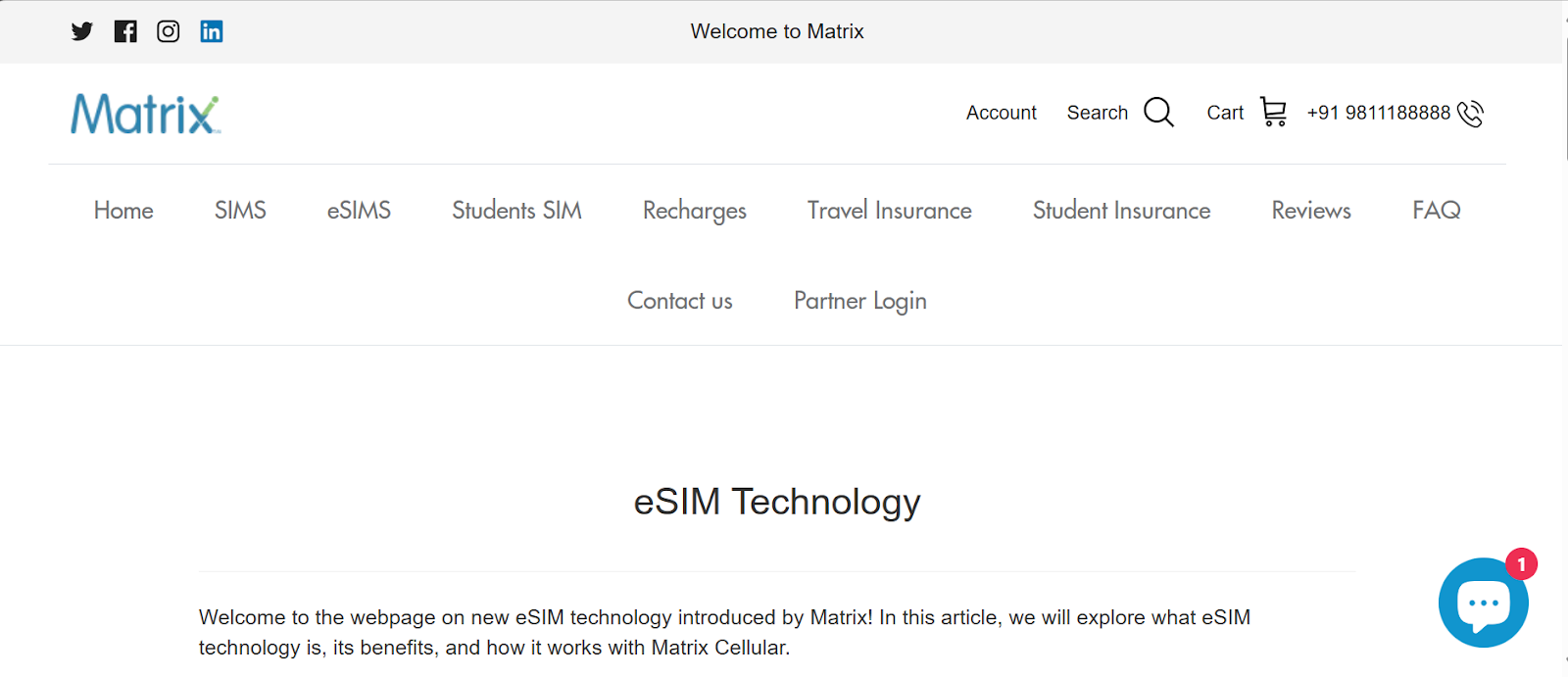 Matrix Cellular website snapshot highlighting the services it provides.