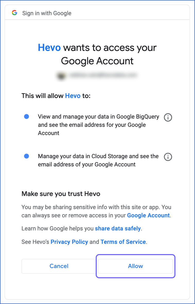 BigQuery to SQL Server: Allowing Access to Hevo for a User Account
