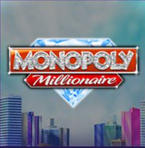 A logo with buildings in the background, text which says Monopoly millionaire 