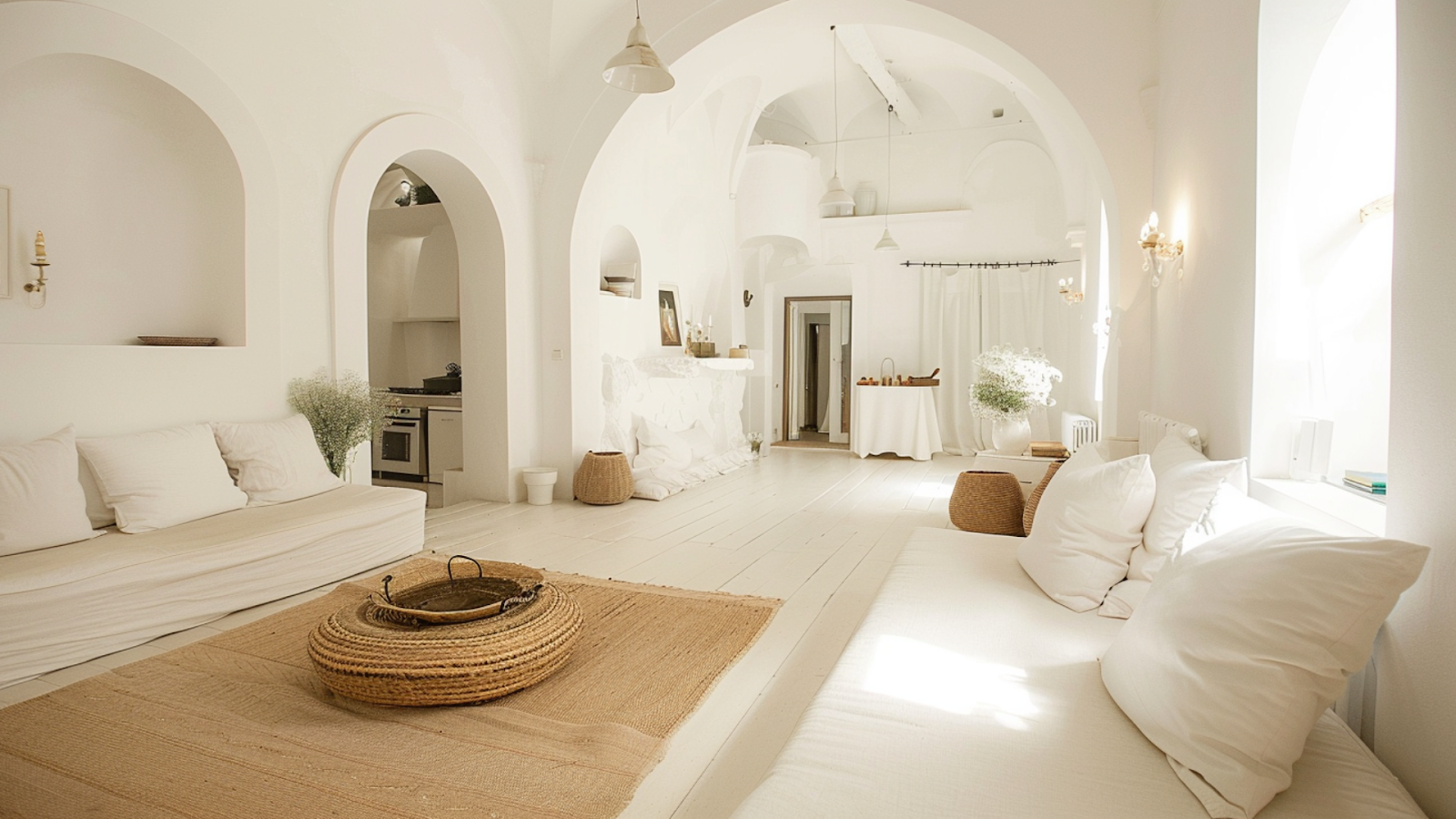 The interior of a white-themed vacation rental in Sorrento, Italy