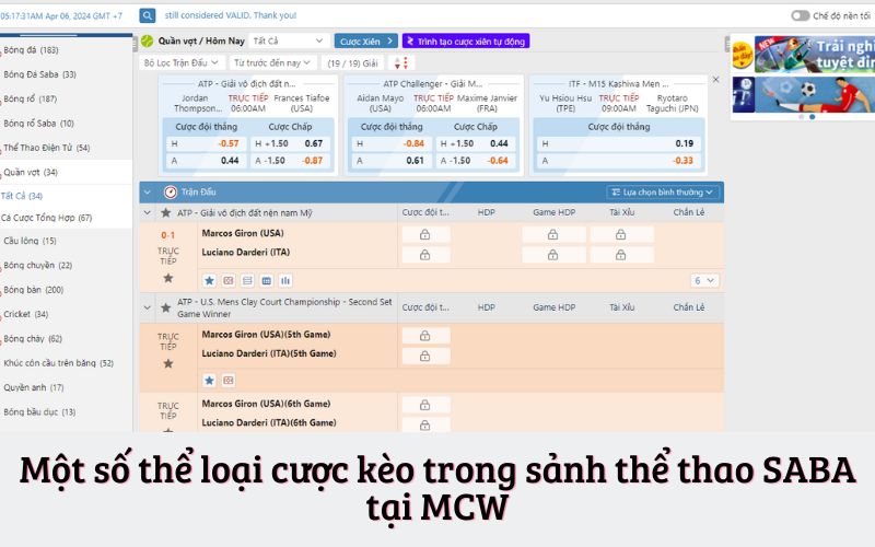 Một số thể loại cược kèo trong sảnh thể thao SABA tại MCW