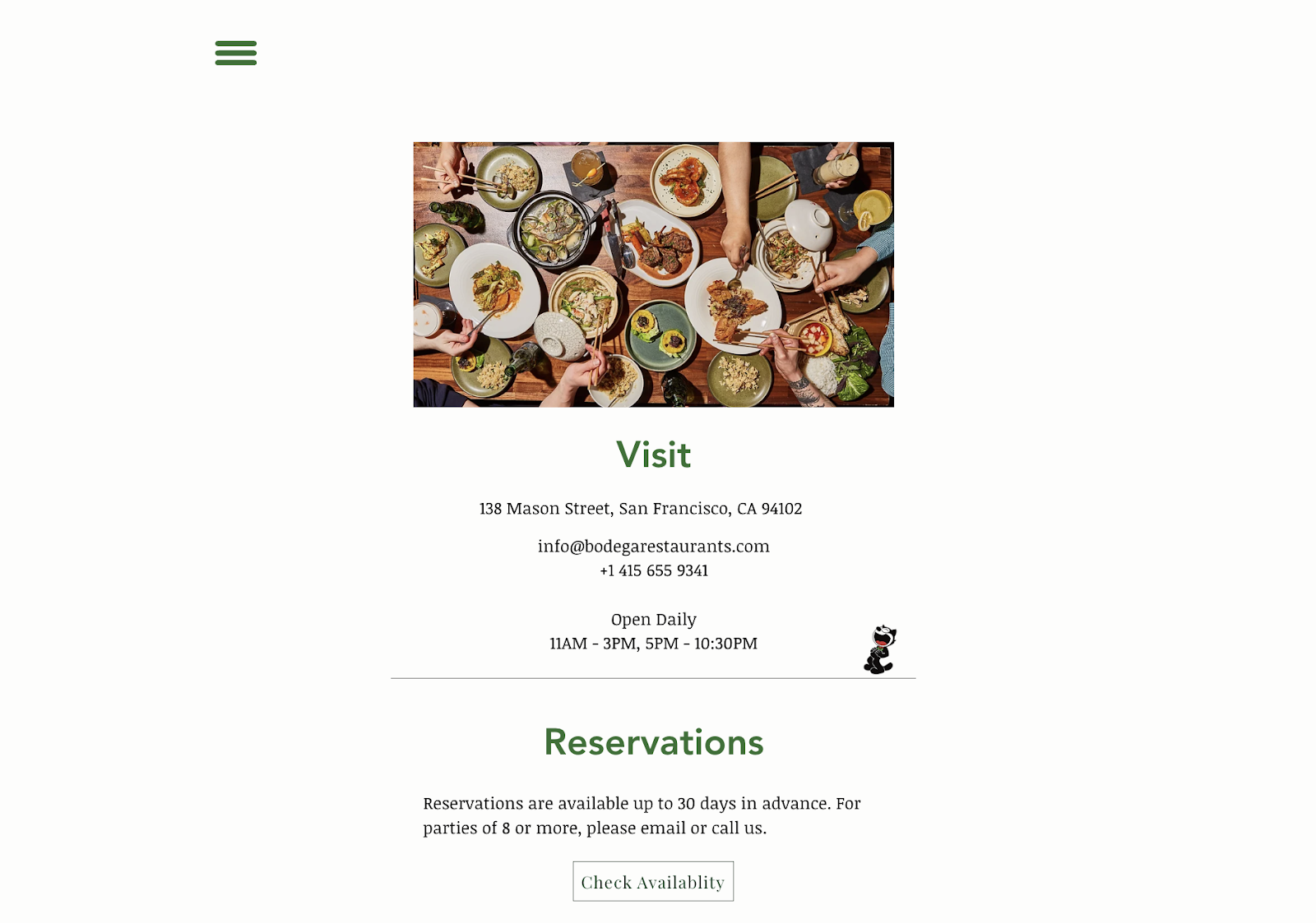 Restaurant marketing ideas: A simple website for the restaurant Bodega in San Francisco. The web page includes contact information, hours, and a reservation link. 