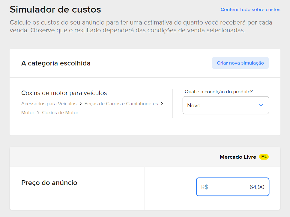 simulador de custos de comissões no mercado livre