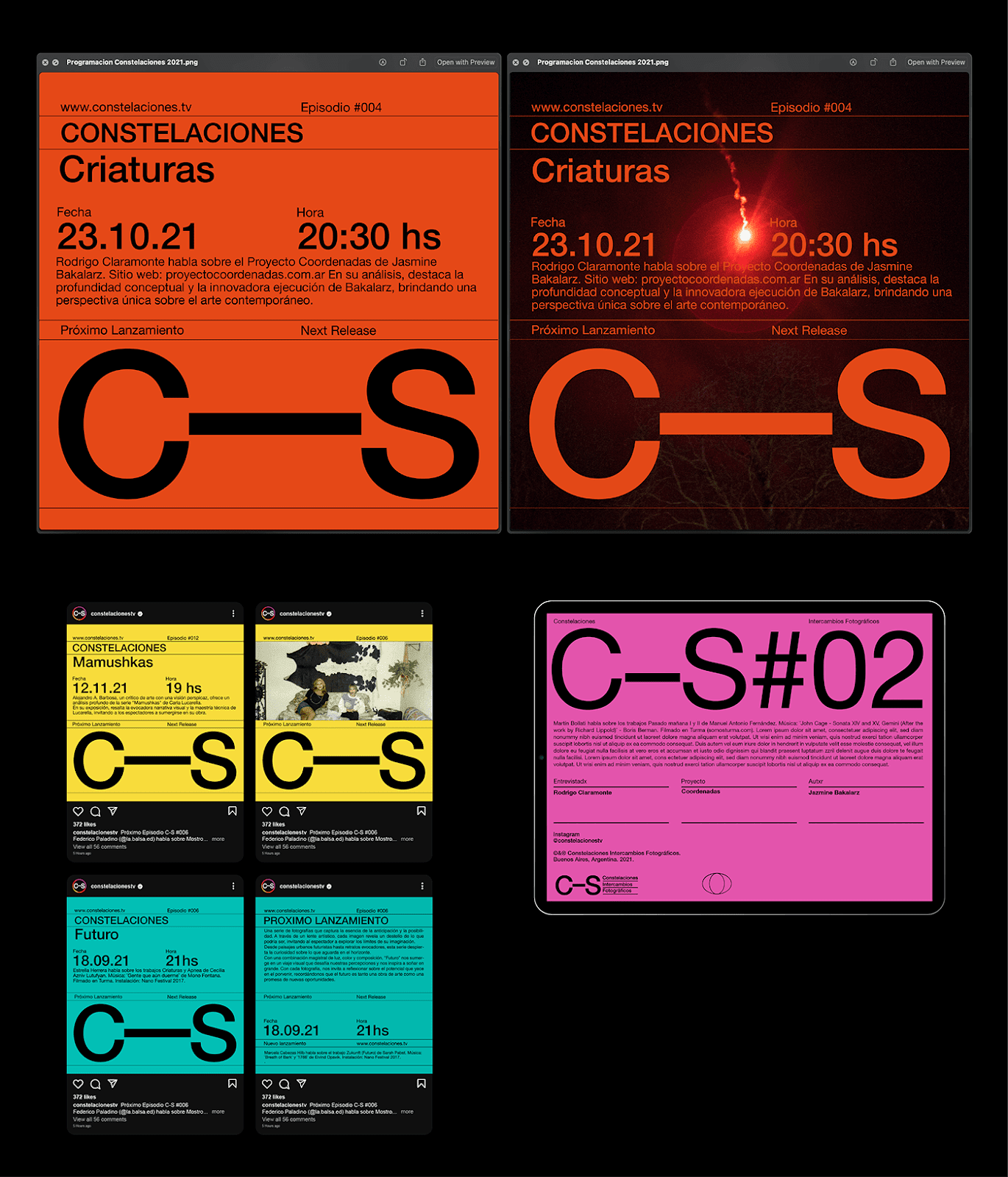 Examples of Instagram posts. Color usage for each release and grid system implementation.