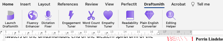 Screenshot of a toolbar for the Draftsmith plugin for Microsoft Word. A series of purple icons appear: Launch Draftsmith, Fluency Enhancer, Dictation Fixer, Engagement Tuner, Word Count Trimmer, Empathy Tuner, Readability Tuner, Plain English Converter, and Editing Helper.
