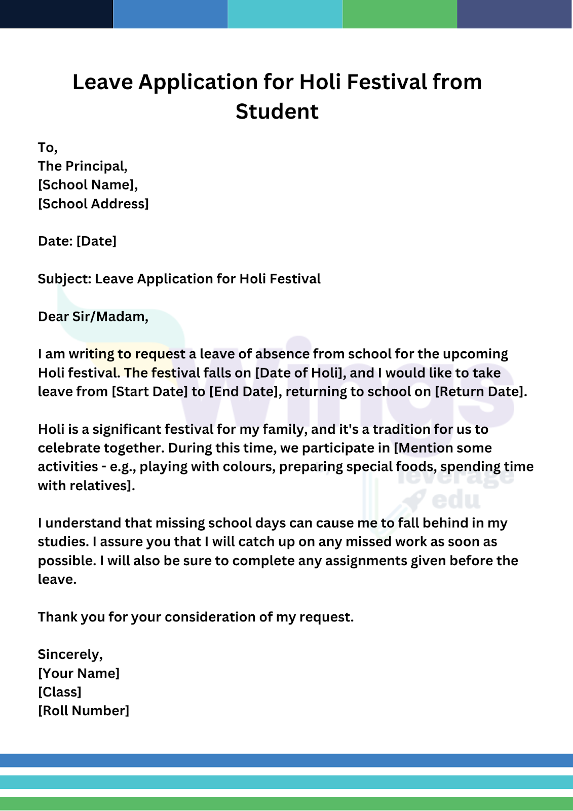 Leave Application for Holi Festival: From a Student