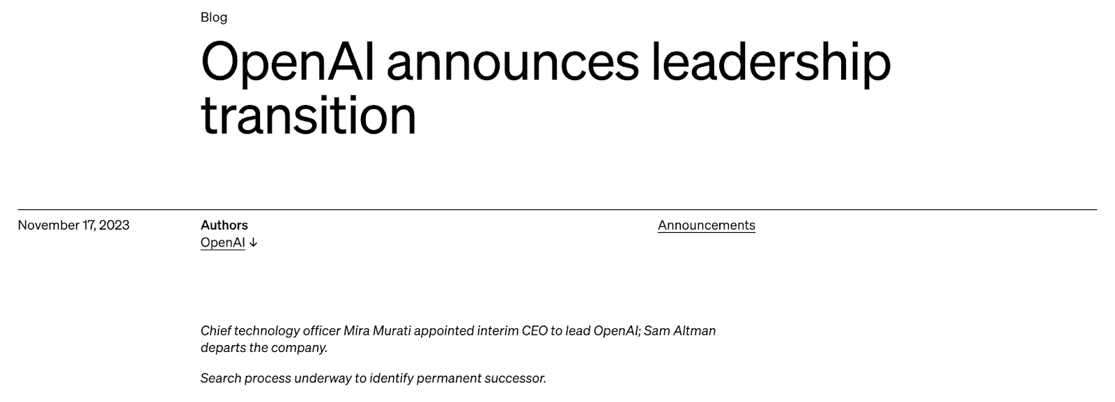 <a href="https://openai.com/blog/openai-announces-leadership-transition">OpenAI announces leadership transition</a>