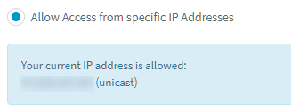 Mensagem indicando se o seu IP atual é permitido