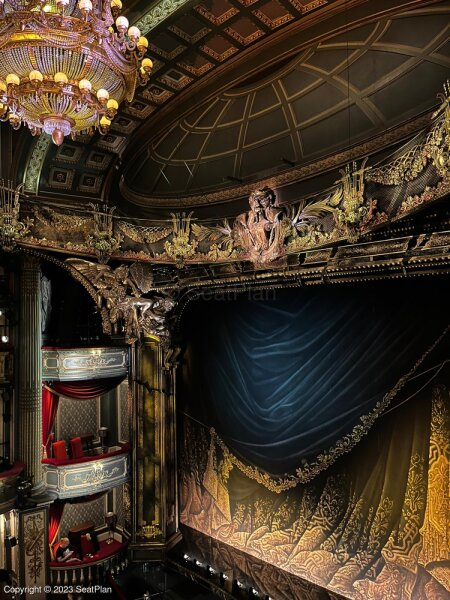 View from seat at His Majesty's Theatre in London for Phantom of the Opera in seat Grand Circle A8