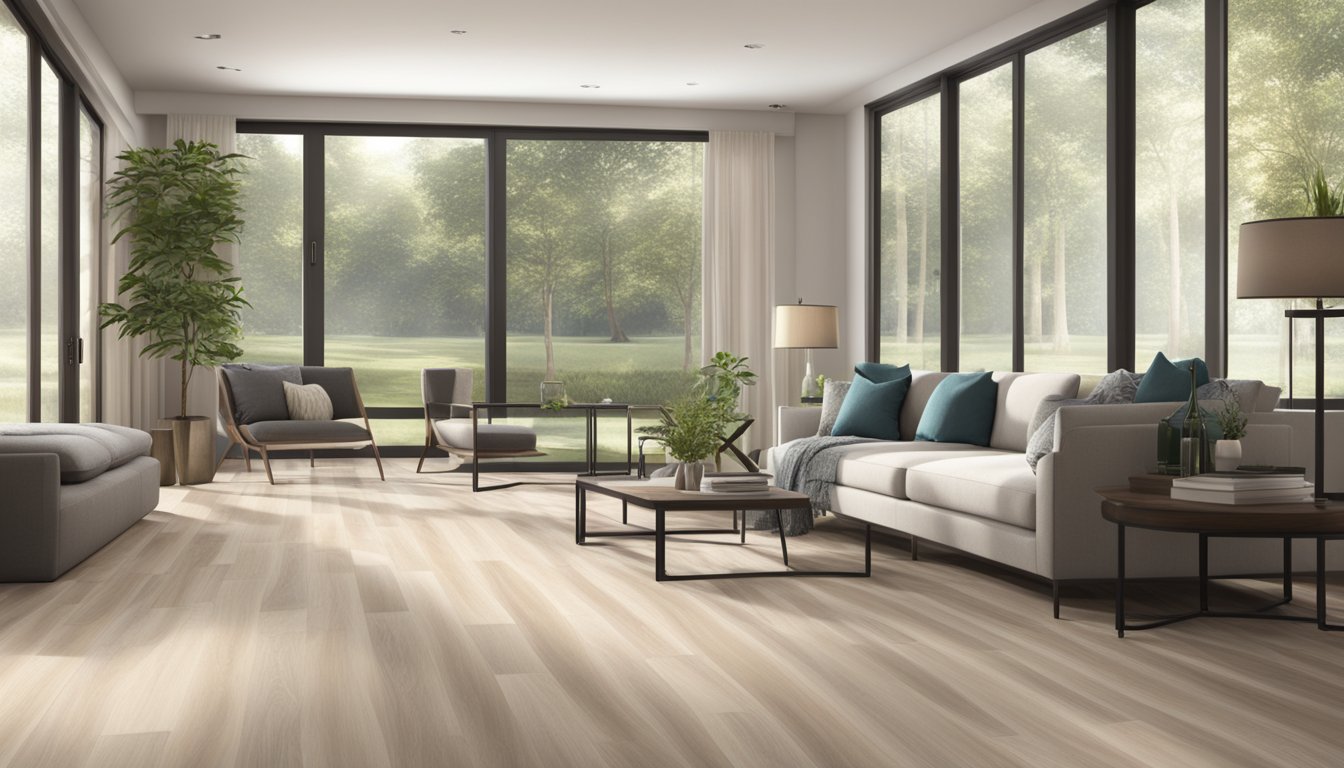 A spacious, modern living room with natural light streaming in through large windows. LVT flooring adds a sleek, luxurious touch to the space, with its realistic wood or stone designs