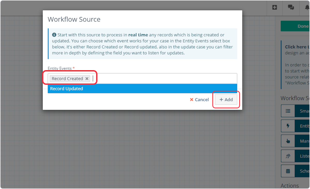 Select the 'Entity Events' as 'Record Created' and click on Add.