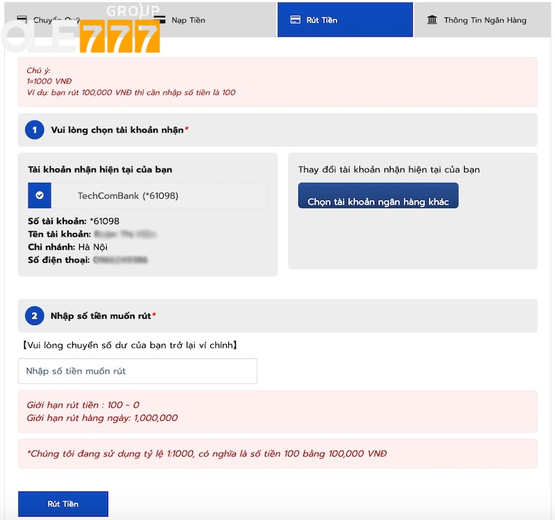 Thực hiện rút tiền về tài khoản trên Ole777