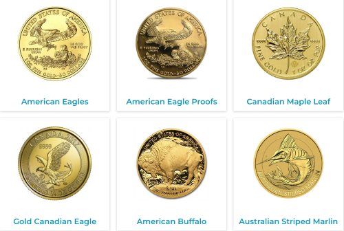 The various gold coins available for investors through Augusta Precious Metals. 