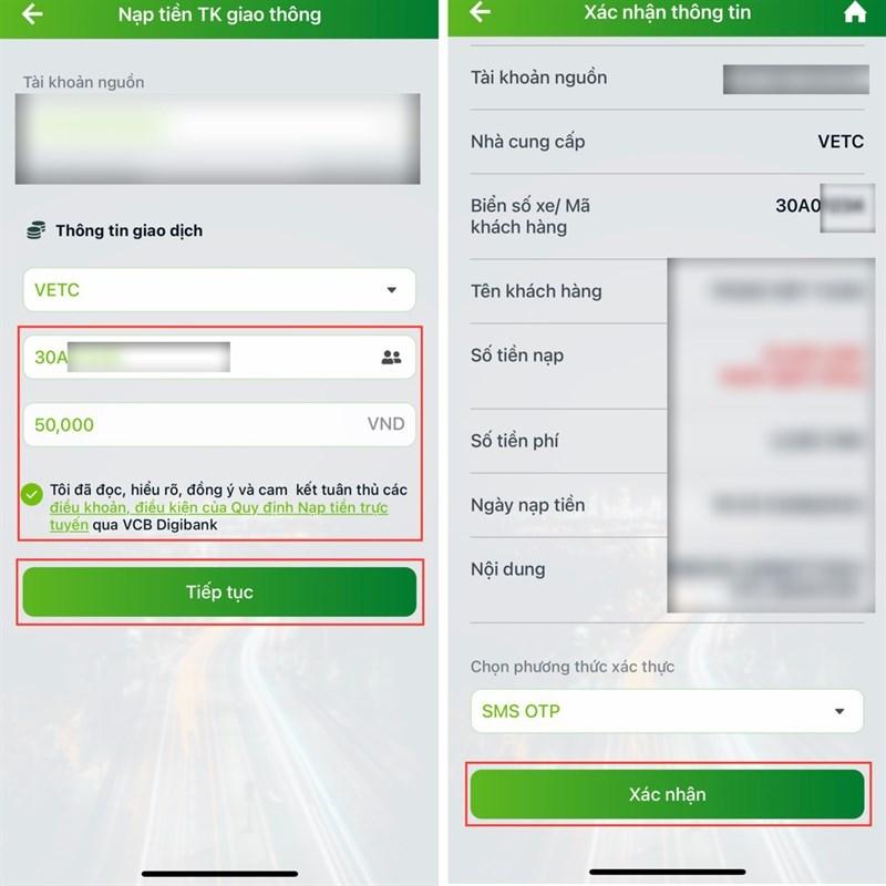 Nhập biển số xe/mã khách hàng, số tiền cần nạp và tích vào ô xác nhận. 