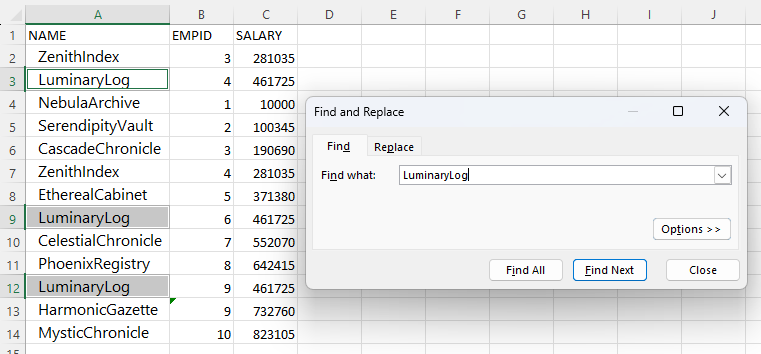 excel find and replace