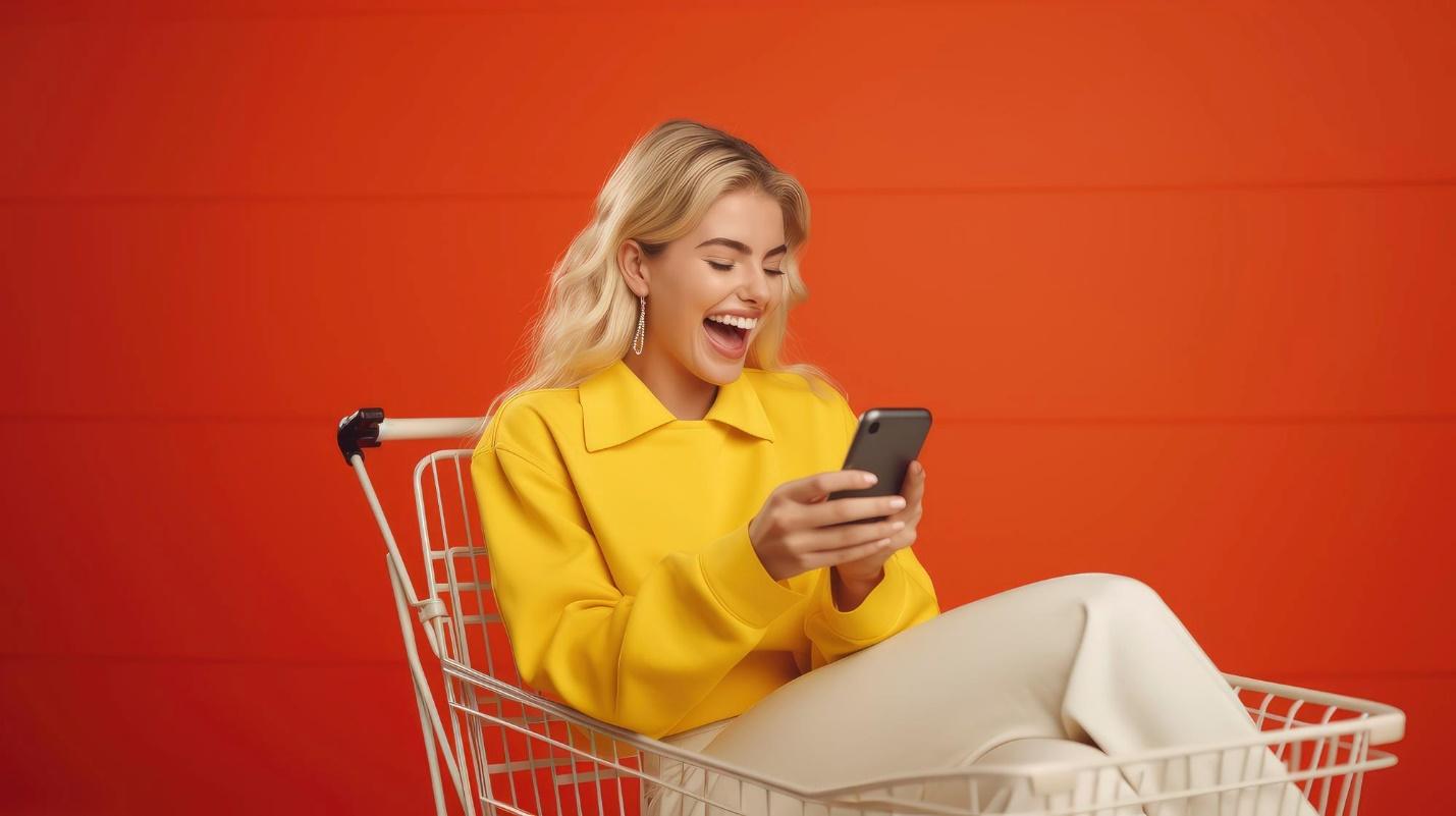 A person sitting in a shopping cart looking at her phone

Description automatically generated