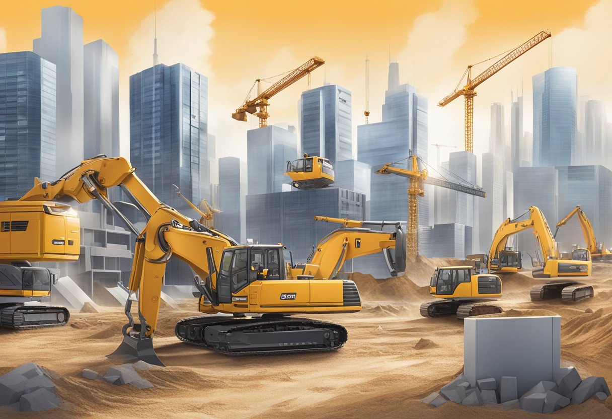 A construction site with 1:50 scale diecast equipment in action, surrounded by futuristic buildings and advanced technology